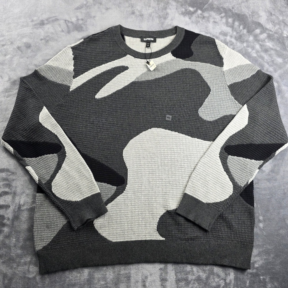 NEW Express Sweater Mens XXL Gray Camo Waffle Knit Crewneck Cotton Pullover